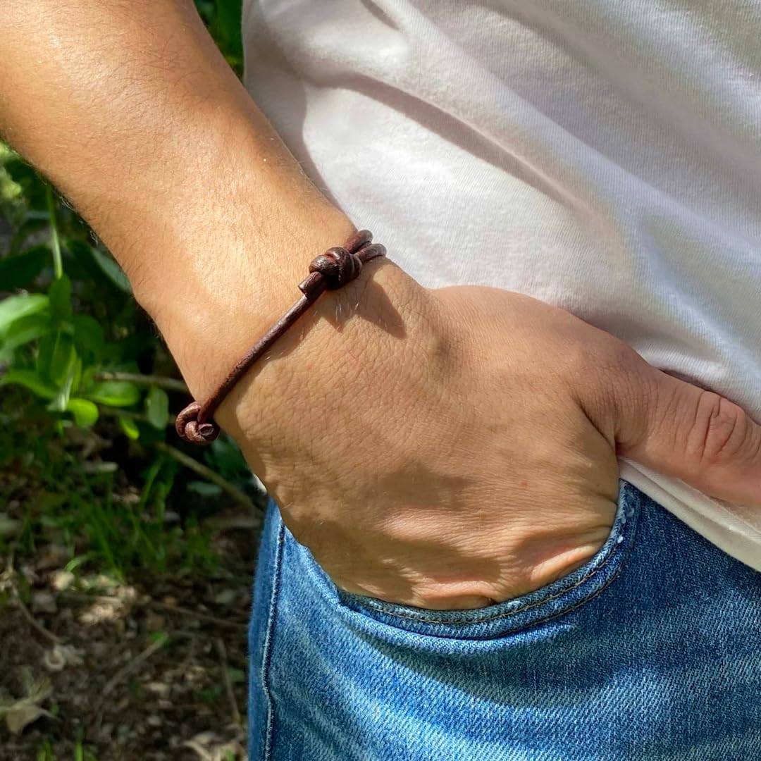 3 mm Men Genuine Leather Bracelet - Handmade Adjustable Cuff, Mens Minimalism Leather Wrap Wristband, Simple Accessories, Premium Leather, Women Gift To Boyfriend, Pulsera Hombre (Antique Brown)