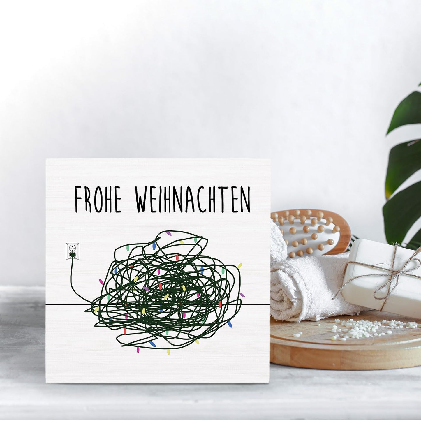 HYKDFMNCJ German Merry Christmas Wooden Box Sign Desk Decor, Funny Christmas Decor, Frohe Weihnachten Xmas Lights Holiday Wood Signs for Home Office Desk Table Shelf Decorations, 5x5 Inch