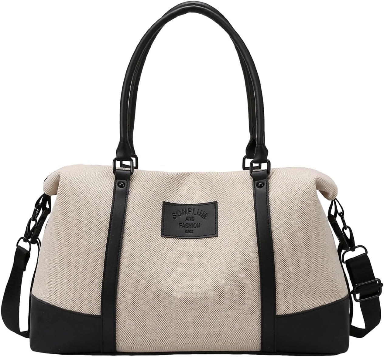 Travel Duffle Bag for Women, Canvas Carry On Weekender Overnight Bags with Wet Pocket, Gym Tote Bag for Business Trip Sports (Beige Black)