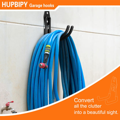 HUPBIPY Heavy Duty Garage Hooks 4 Pack, J Shaped Hanger, Wall Mounted Storage System, Power and Garden Tool Organizer, for Hanging Ladders, Bikes Tires, Hose, Bulk Items