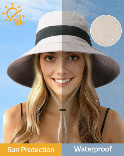 Senker Fashion Sun Hats for Women UV Protection, Waterproof Ponytail Wide Brim Bucket Hat for Summer Beach Gardening Travel Beige
