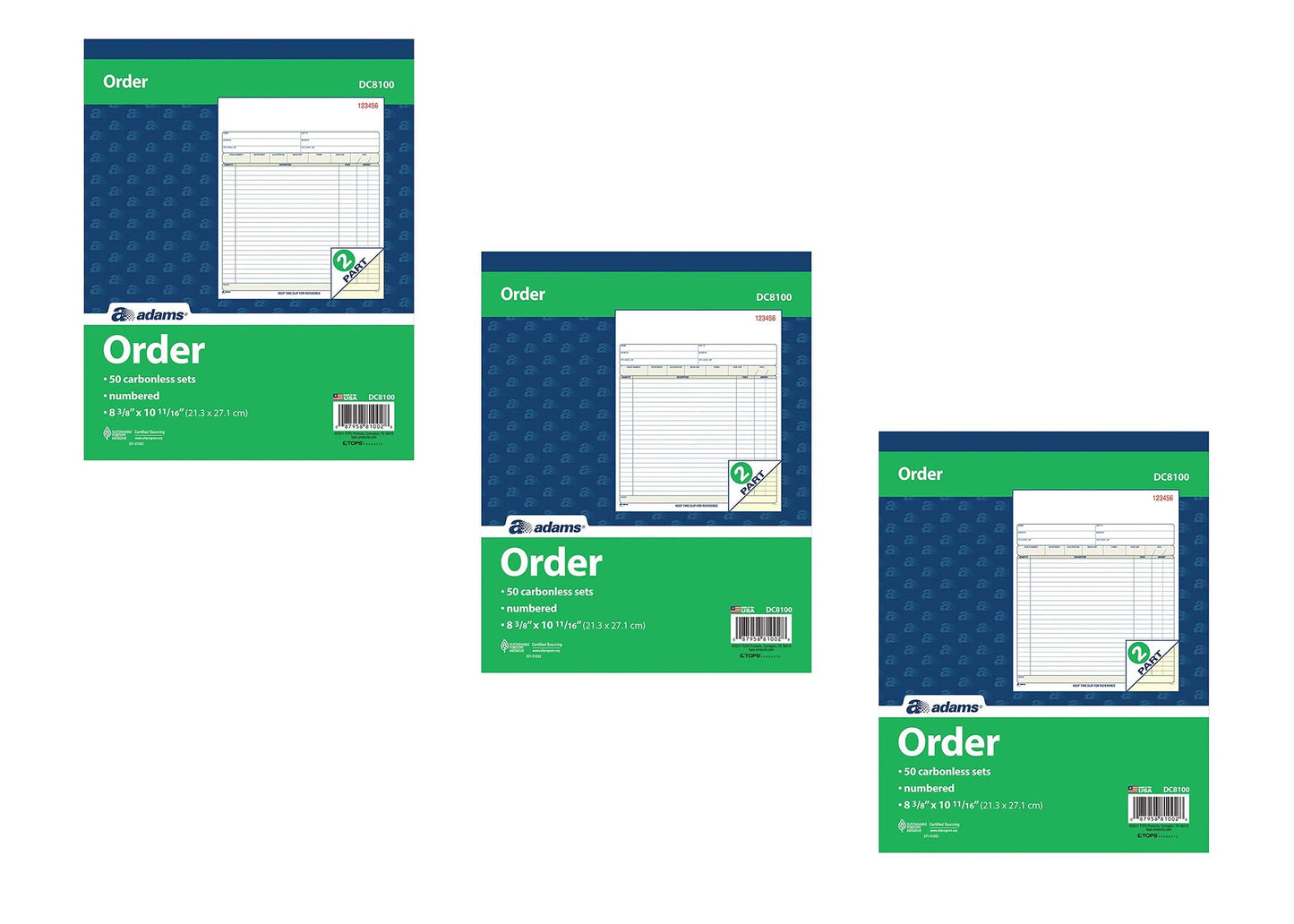 Adams Order Book, 2-Part, Carbonless, White/Canary, 8-3/8 x 10-11/16 Inches, 50 Sets per Book (DC8100), 3 Pack