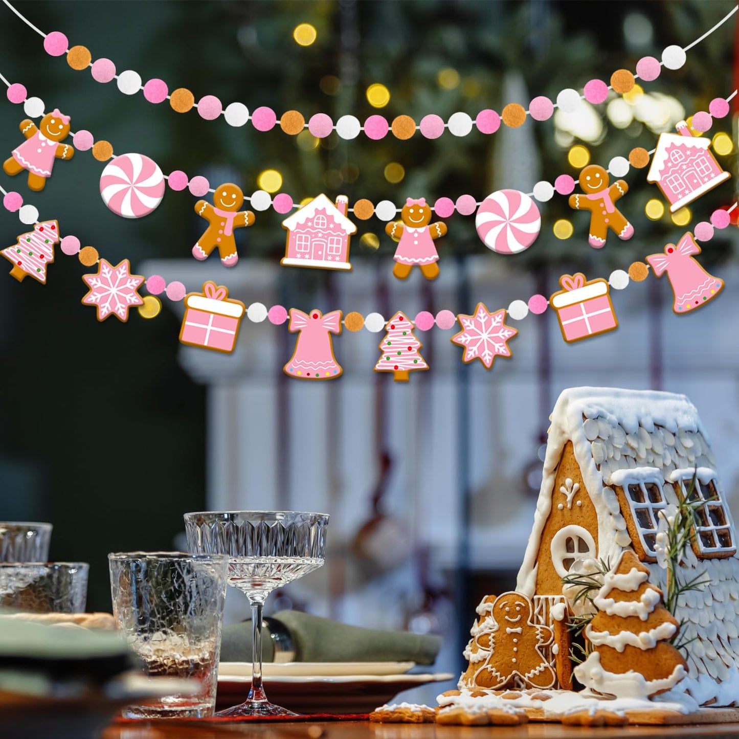 Doumeny 3Pcs Pink Christmas Felt Ball Banner Xmas Gingerbread Man Candy House Garland Bunting Xmas Tree Snowflake Bunting Garland Christmas Pom Pom Banner for Winter Party Holiday Mantel Home Decor