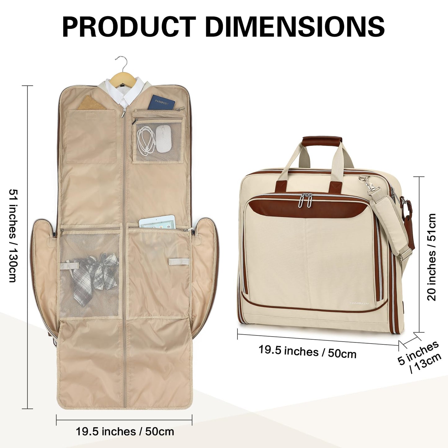 TONRUYN Travel Garment Bag Carry on Suit Bag for Women 51'' Waterproof Garment Bags Dress Bag for Travel Business Hanging Suitcase Luggage with Shoulder Strap Free shoes bag Fit 15.6'' Laptop, Beige
