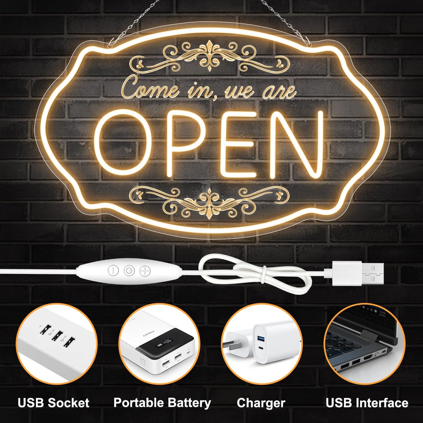 LED Neon Open Sign for Business, 23.5x14'' Come in We’re Open Sign, Warm White Adjustable Brightness Neon Lights for Party, Bar,Salon, Stores, Hotel, Wall Decor, Clubs, Hotels