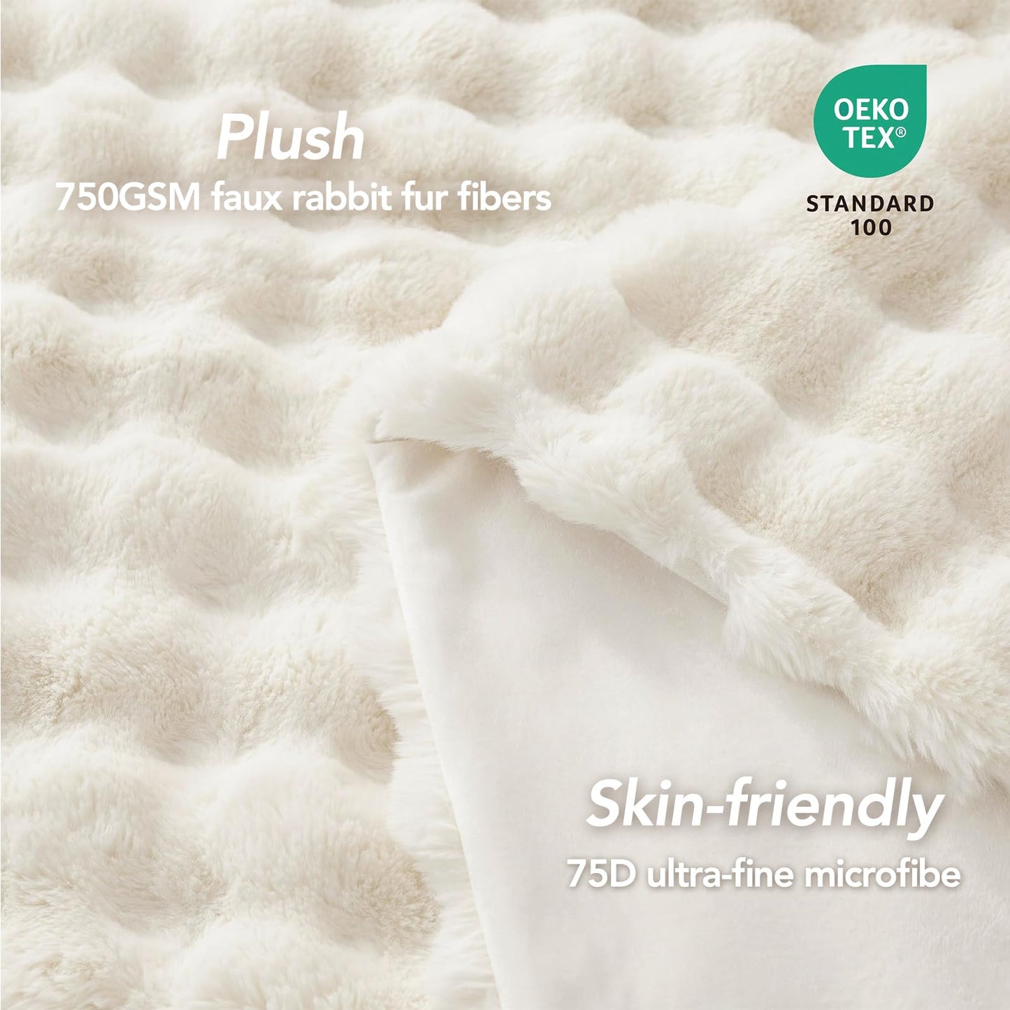 L'AGRATY Faux Fur Throw Blanket: 50" x 60" Luxury Soft Fluffy Thick Rabbit Fur Blankets for Couch Bed Sofa - Cozy Plush Bubble Blankets for Winter: Warm Flannel Fleece Decorative Blanket(Cream White)