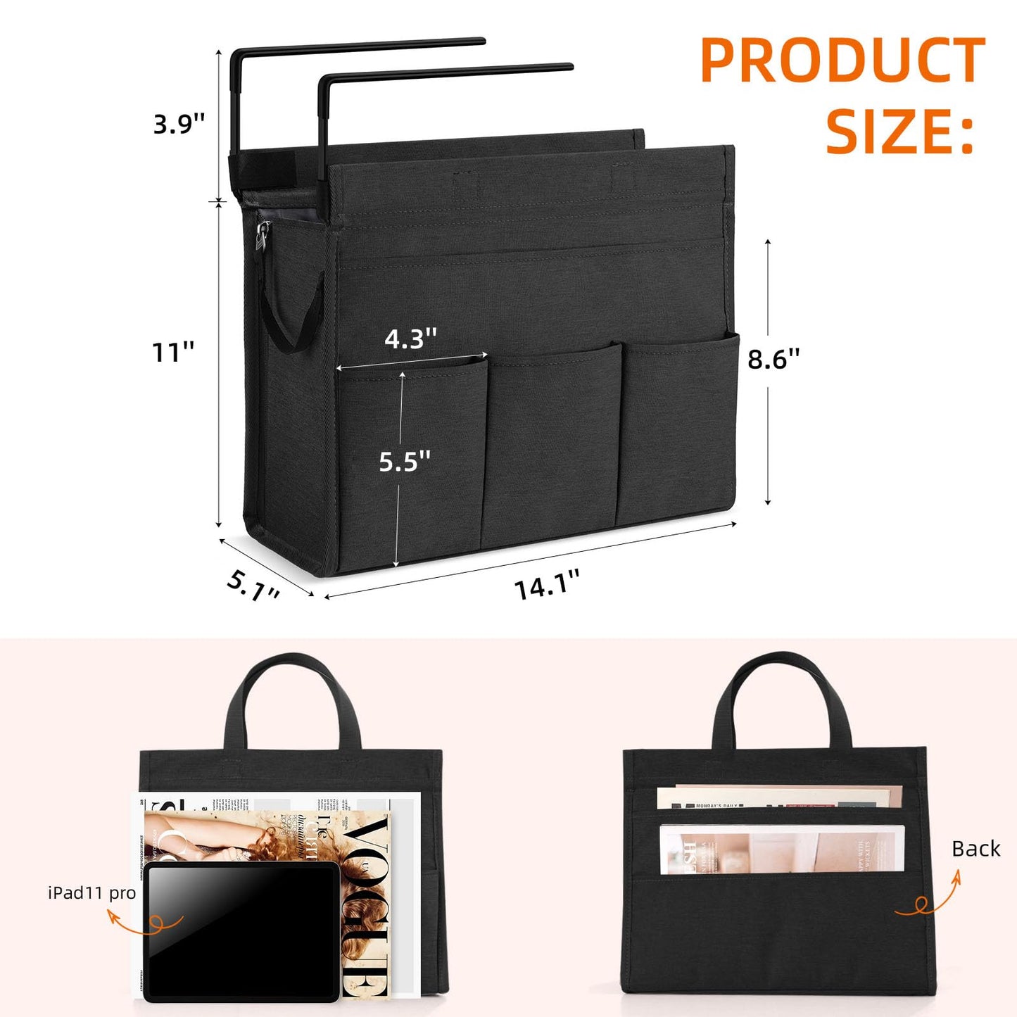 MASTLU Under Desk Hanging Storage Bag, Desk Organizer Storage, Office Side Storage Bag, Compatible with A4 Files, Detachable Handle Design, No Assembly Required, For Office Home School (Black)