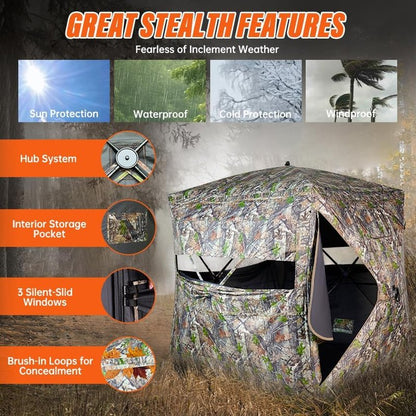Hunting Blind - 270° See-Through Ground Blind for 2-3 People | Portable Camouflage Tent with Full Open Door