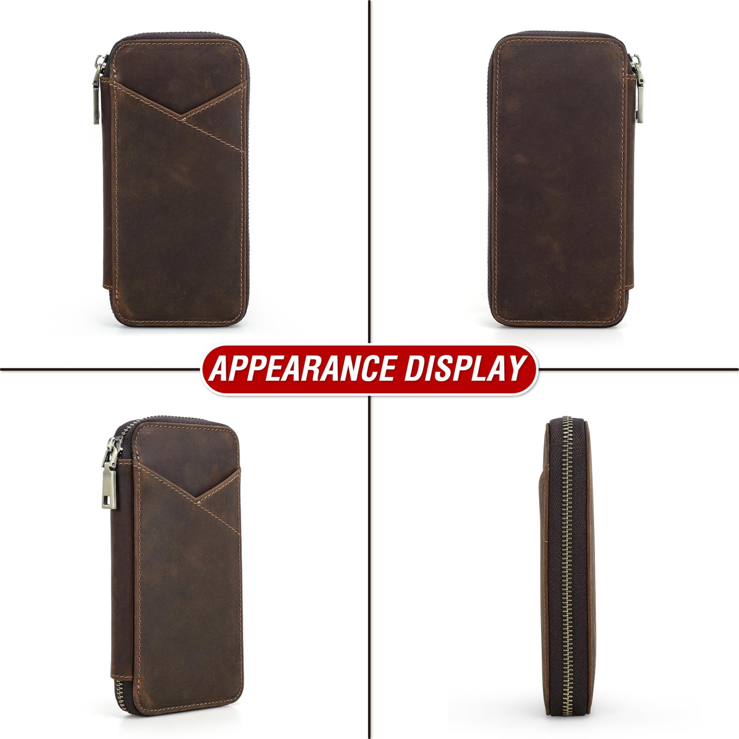 CataPurus Top Grain Genuine Leather 4 Fountain Pen/Pencil Case Pouch, Handmade Minimalist Design, Zipper Closure with Multi-Function & Slots, Gift Choice for Man/Woman/Office, Matte Coffee, 4 Slots
