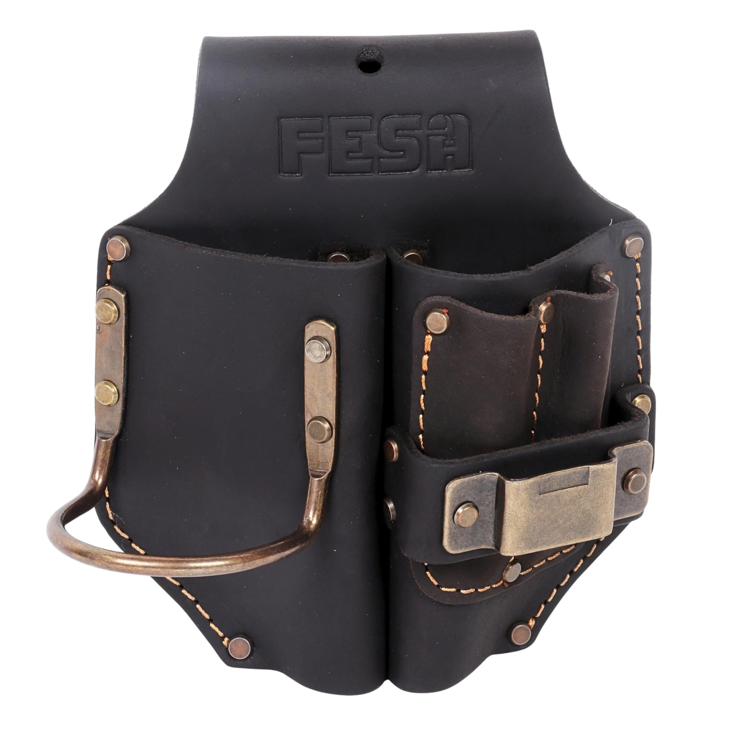 FESA Durable Leather Pliers Holster - Heavy Top Grain Leather Double Plier Holder for Belt with Steel Hammer Holder, Tape Clip & 2 Carpenter's Pencil Pockets - Clip On Any Belt - Handcrafted (Brown)