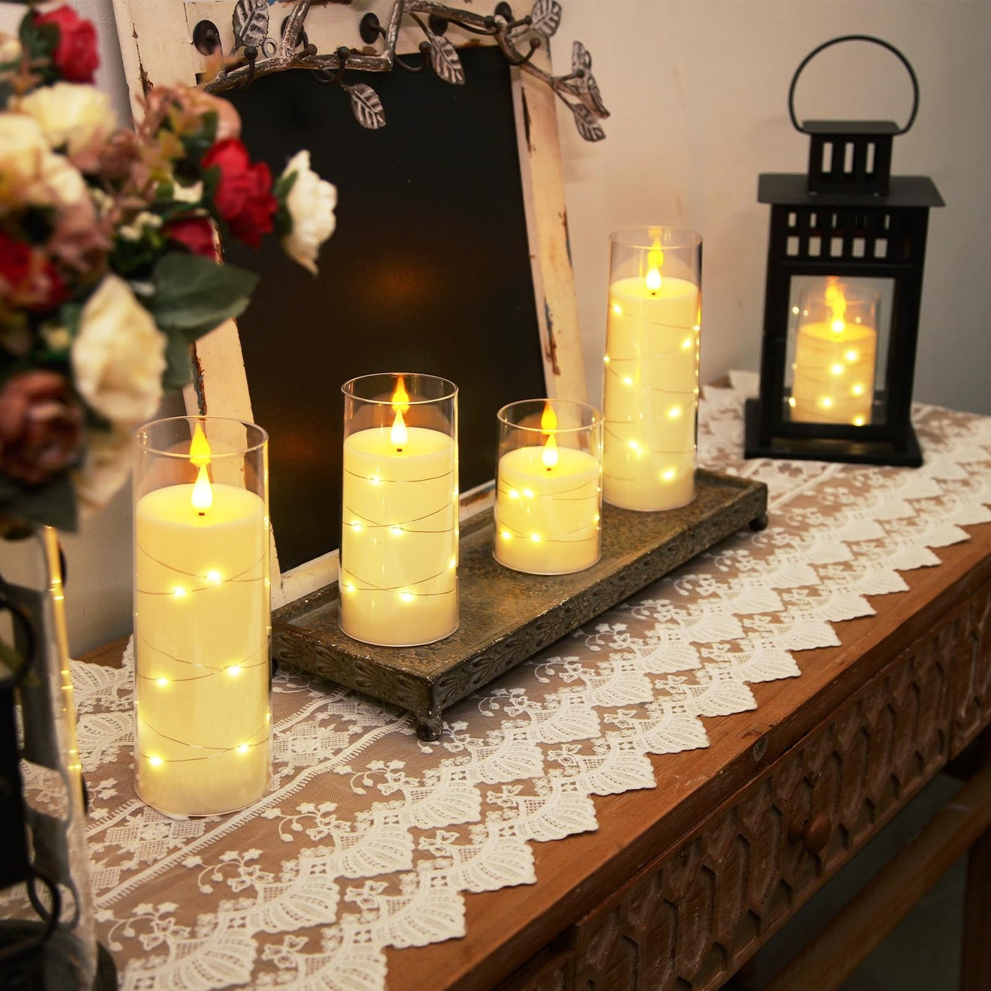 Homemory Flameless Candles with Embedded Star String Fairy Lights, Battery Operated Candles, LED Candle, Fake Candles with Remote Control and Timer, Ivory, Set of 5(H4 5" 6" 8" 8")