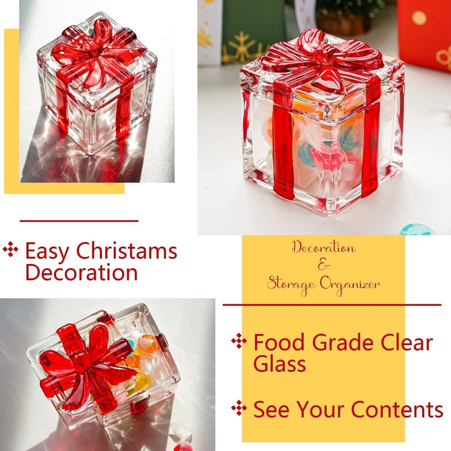 kanpura 2 Pcs Christmas Candy Jar with Lid 2.6" Red Square Crystal Candy Dishes for Xmas Peppermint Party