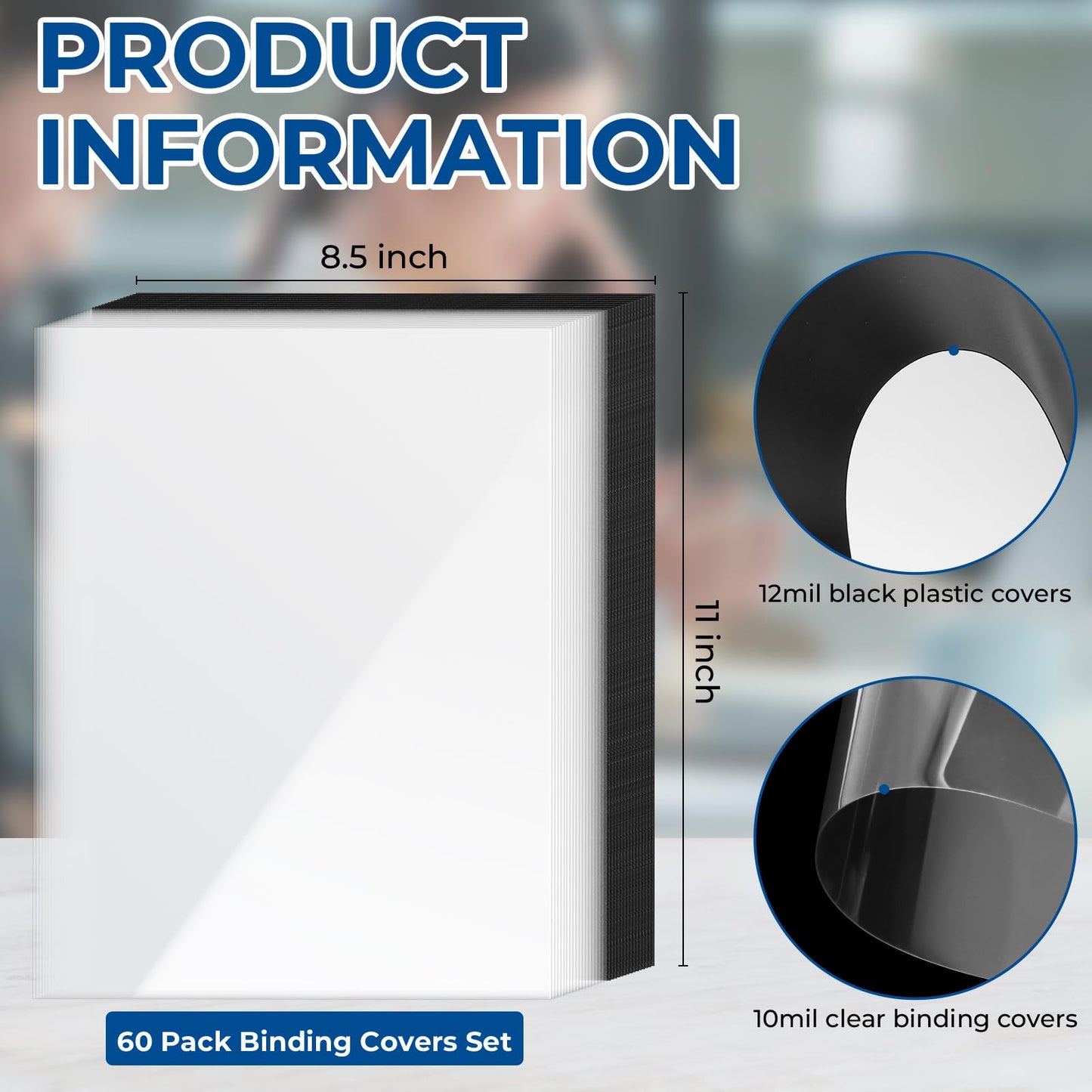 VOKOY 60 Pack 8.5x11 Inches Binding Covers and Backs Set, Letter Size Quality Un-Punched Report Covers, 30 Pcs 10mil Clear Binding Covers 30 Pcs 12mil Black Plastic Covers for Home Office School