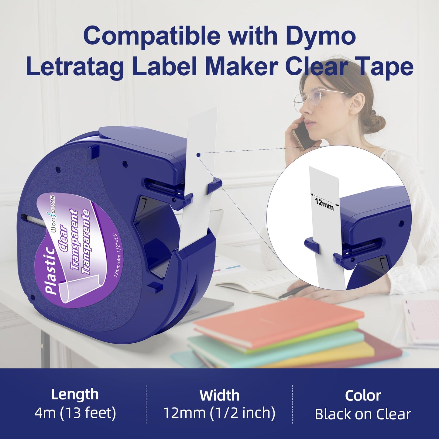 Label Maker Clear Tape Replacement for Dymo Label Maker Refills Clear 1/2'' x 13', Compatible with Dymo Letratag Refills Transparent Plastic Tape Work with LT-100T LT-100H QX50, 4-Pack