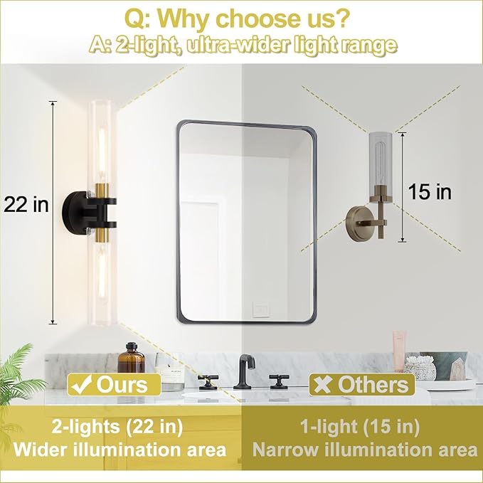 2 Pack 22-Inch Gold and Black Wall Sconces Set of Two, 22" Vanity Lights for Bathroom with Clear Glass, Sconces Hardwired Black and Gold Bathroom Sconces Set of 2 for Mirror Living Room