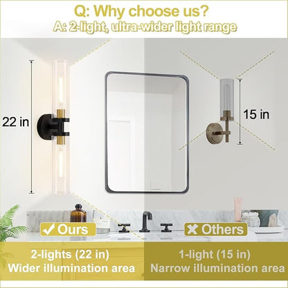 2 Pack 22-Inch Gold and Black Wall Sconces Set of Two, 22" Vanity Lights for Bathroom with Clear Glass, Sconces Hardwired Black and Gold Bathroom Sconces Set of 2 for Mirror Living Room