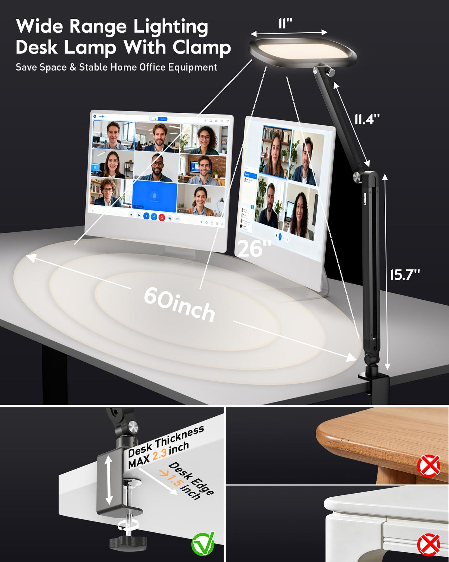LED Desk Lamp for Home Office, Eye-Care Double-Sided Desk Light with Stepless Dimmable Knob Remote, Memory, Adjustable Arm Clip on Light for Video Recording, Zoom Call, Study, Flicker-Free, Glare-Free