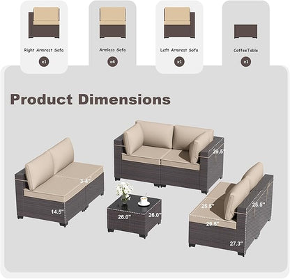 Kurapika 7 Pieces Patio Furniture Set, Rattan Wicker Outdoor Conversation Sets w/4 Inch Cushion and Glass Coffee Table(Sand)