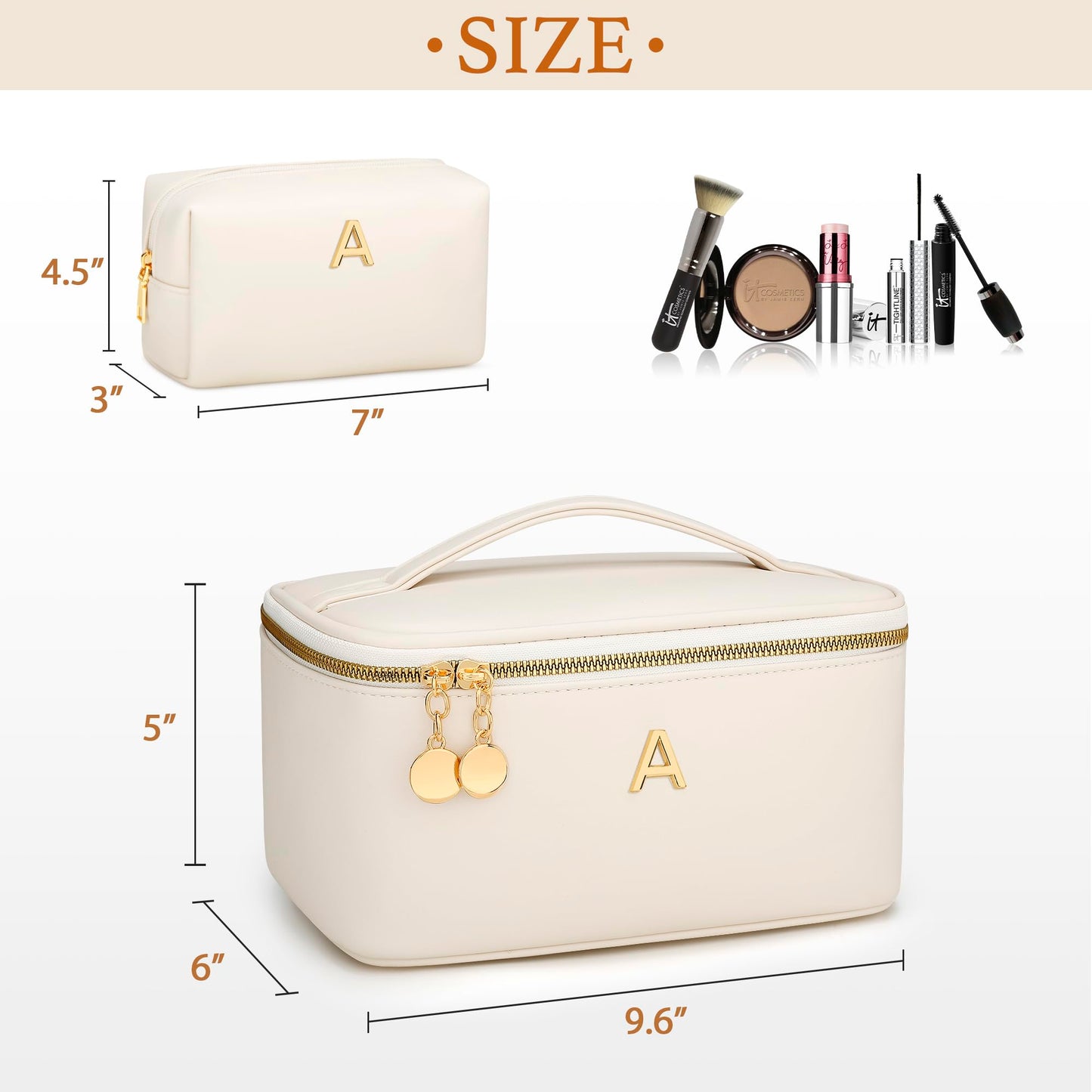 CLOUDWINGS Personalized Initial Makeup Bag Gifts for Women, Large Travel Cosmetic Organizer with Handle & Divider, PU Leather Toiletry Bag for Girls, Birthday Bridesmaid Gift Set - Beige - A