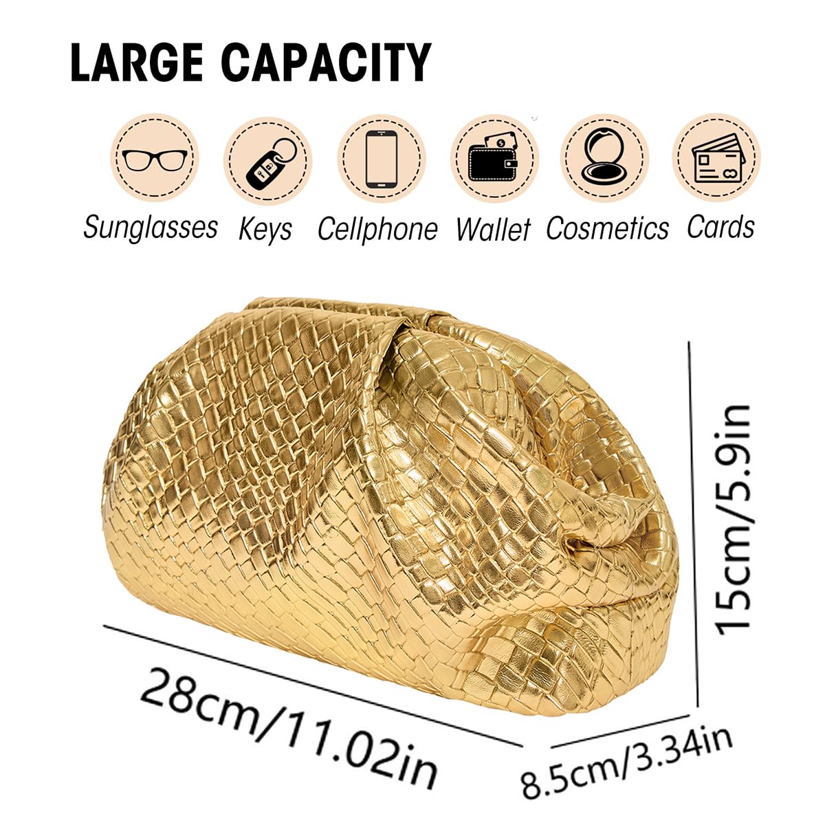 MXCMXC Women’s Woven Evening Bag Clutch Purse, Elegant Dumpling Handbag PU Leather Ruched Bag for Party Cocktail Wedding (Gold)