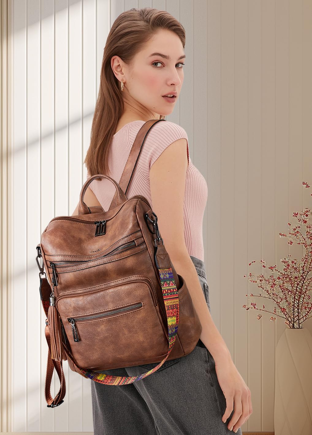Shrrie Backpack Purse for Women Leather Backpack Fashion Designer Travel Backpack Convertible Shoulder Bag