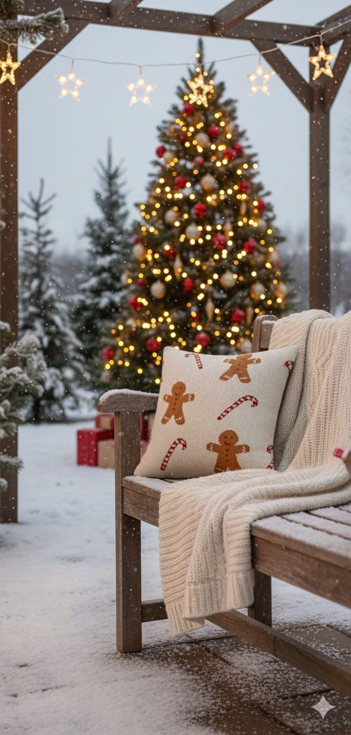 Christmas Decorative Throw Pillow Cover, White with Gingerbread Man and Candy Cane Pattern, Cotton Knit, Holiday Home Decor Pack of 2