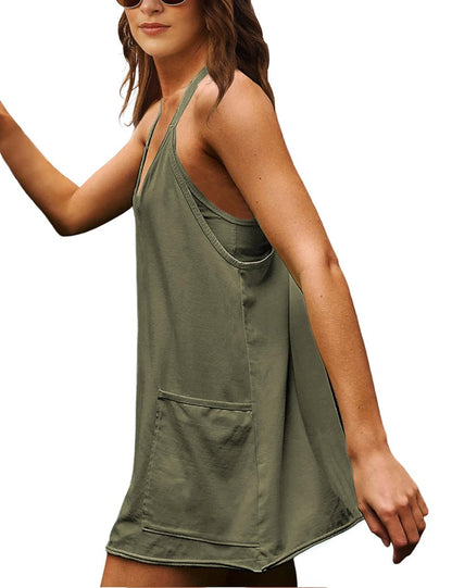 Lentta Womens Athletic Sleeveless Mini Dress with Built-in Shorts V Neck Spaghetti Strap Sundress(ArmyGreen-M)