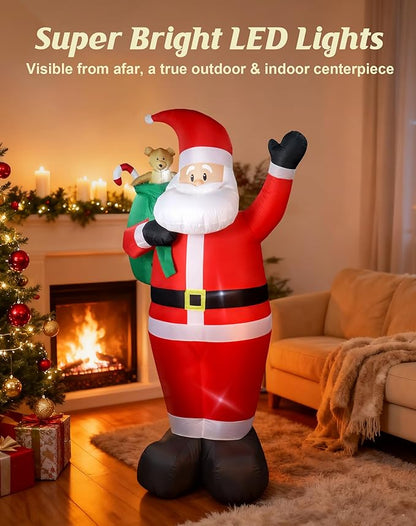 8 FT Christmas Inflatables Outdoor Decorations, Santa Claus with Candy and Gift Bag, LED Lighted Blow Up IP68 Weatherproof Standing Santa Xmas Indoor Outdoor Decor for Yard Garden Lawn Mall Party
