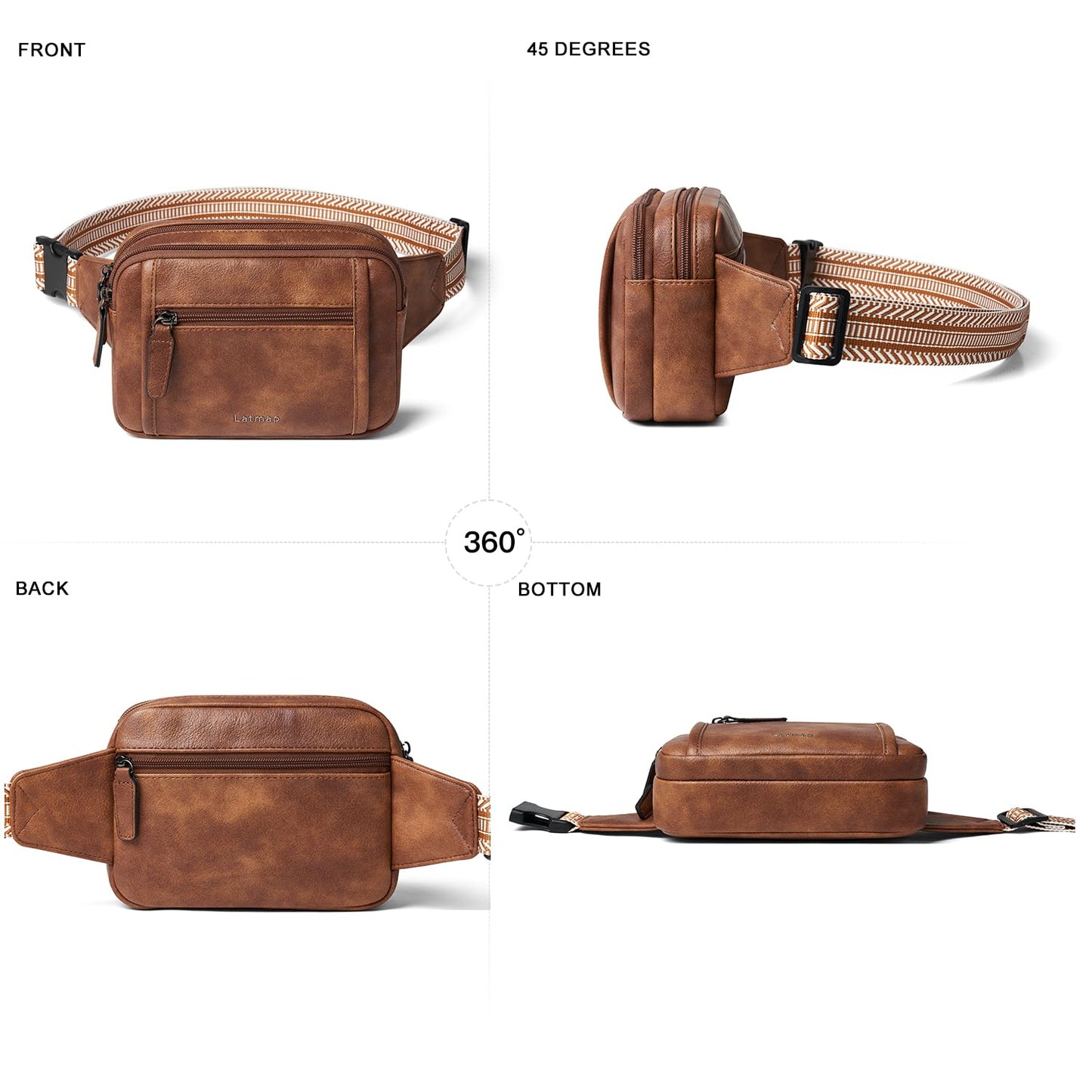 LATMAP 3L TRIPLE ZIP Fanny Packs Belt Bag For Women Men Crossbody Waist Pack Sling Chest Bum Travel Bag Purse Faux Leather Fashion Cute Brown