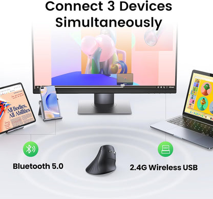 UGREEN Vertical Wireless (Bluetooth 5.0+2.4G) Ergonomic Mouse with 5 Buttons, 1000/1600/2000/4000 DPI, Prevention of Mouse Arm, Vertical Mouse Compatible with PC/Laptop/Tablet, Black