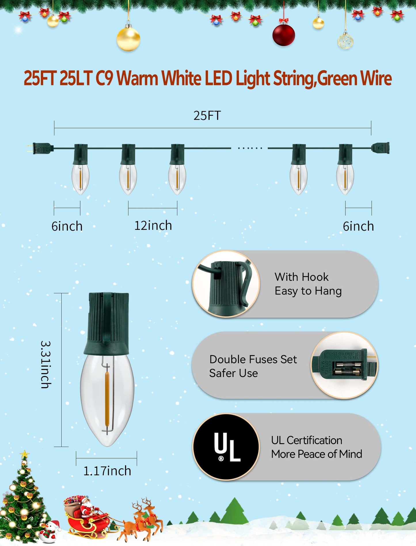 Adirxon C9 Christmas Lights Outdoor 25FT - Commercial Grade LED String Lights with 25 Warm White Bulbs, UL Certified, Waterproof & Connectable for Xmas, Holiday, Yard, Roofline Decor (Green Wire)