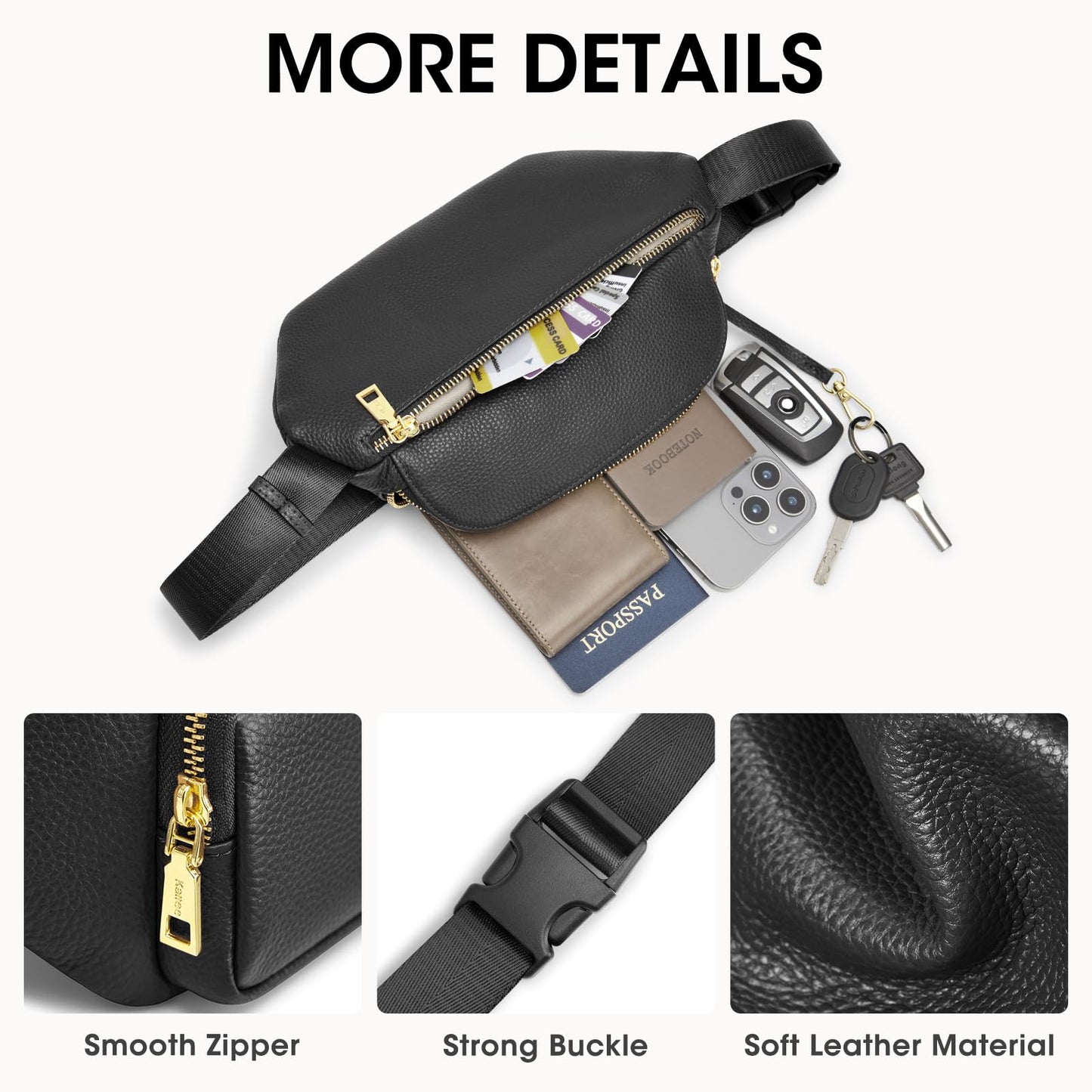 Kattee Fanny Packs for Women, Leather Crossbody Bags for Women Trendy, Small Belt Bag,Fashion Waist Packs with RFID Blocking, Black