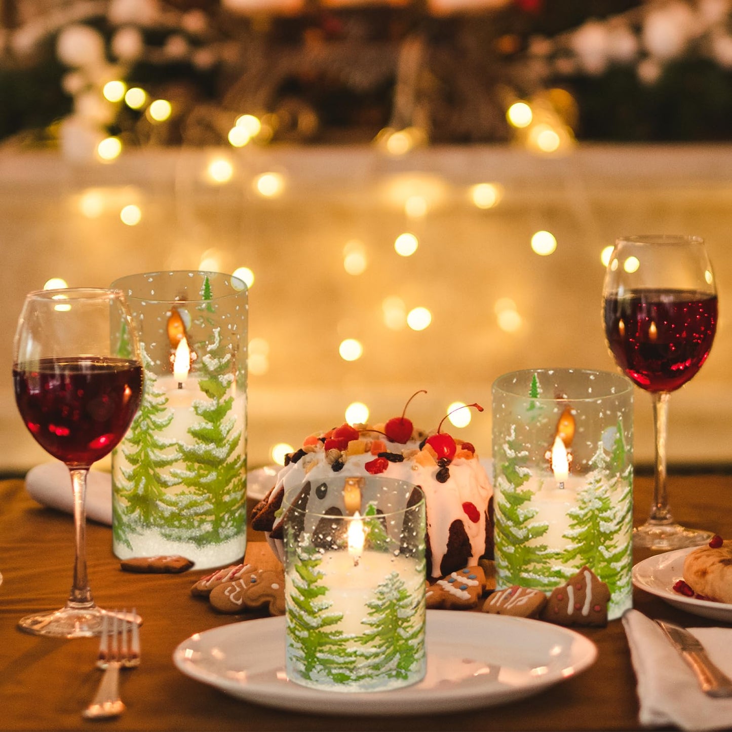 Eldnacele Christmas Tree Glass Flameless Candles Remote and Timer, Battery Operated Flickering LED Pillar Candles Warm White Light 3 Pack Dinner Xmas Festival Gift Holiday Decor(Green,3×4/5/6 Inch)