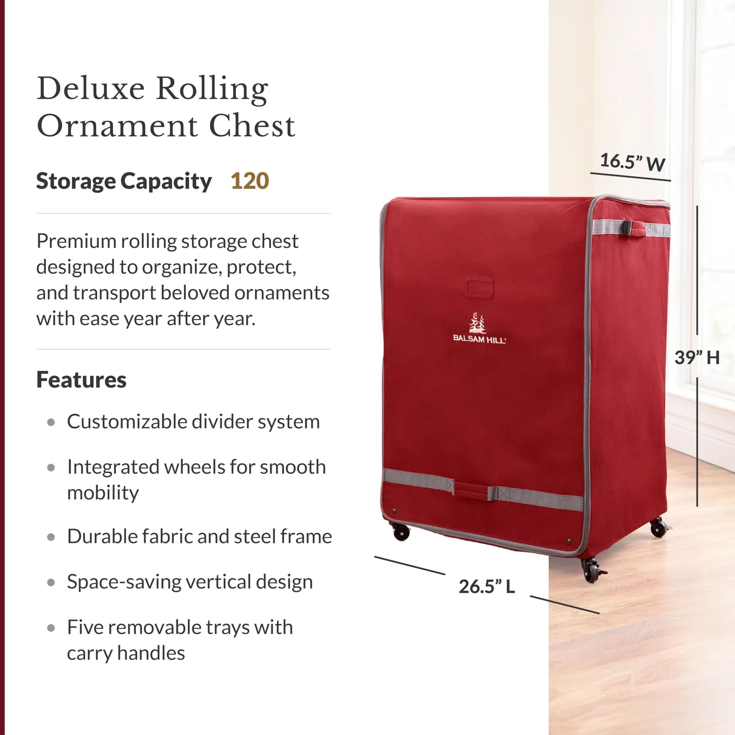 Balsam Hill Deluxe Rolling Ornament Chest - 120pc Christmas Decoration Storage with Dividers & Trays