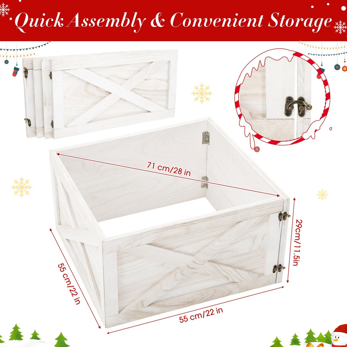 GlikCeil 22'' L Wooden Christmas Tree Collar Box Christmas Tree Skirt Stand Base Cover Rustic Farmhouse Bottom Cover Box for Xmas Party Holiday Decorations(White)