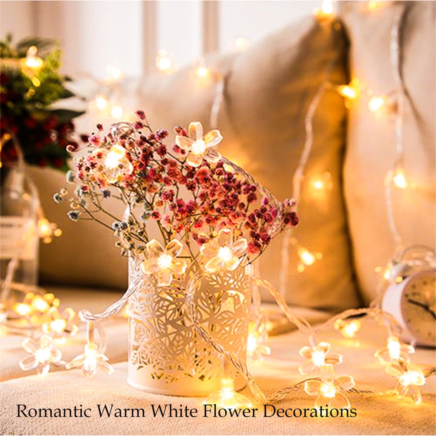 Indoor Plug in Decorative Fairy Flower String Lights, 33ft 100 LED Twinkle Cherry Blossom Floral Lamp for Bedroom Window Wall Ceiling Tree Hanging, Christmas Easter Birthday Decor (Warm White)