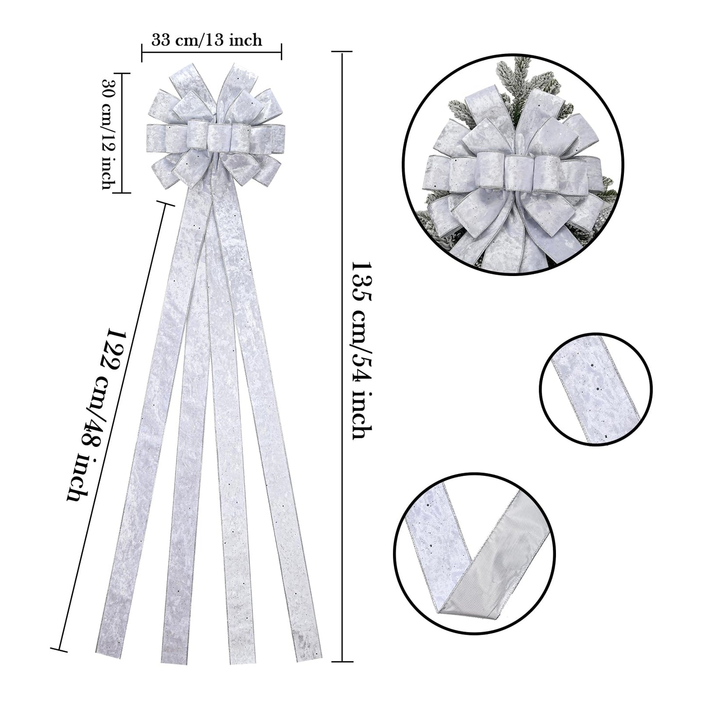 BUVANE Christmas Tree Topper,48x13 Inches Velvet Toppers Bow,Large Decorative Bows for Christmas Decoration (Silver)