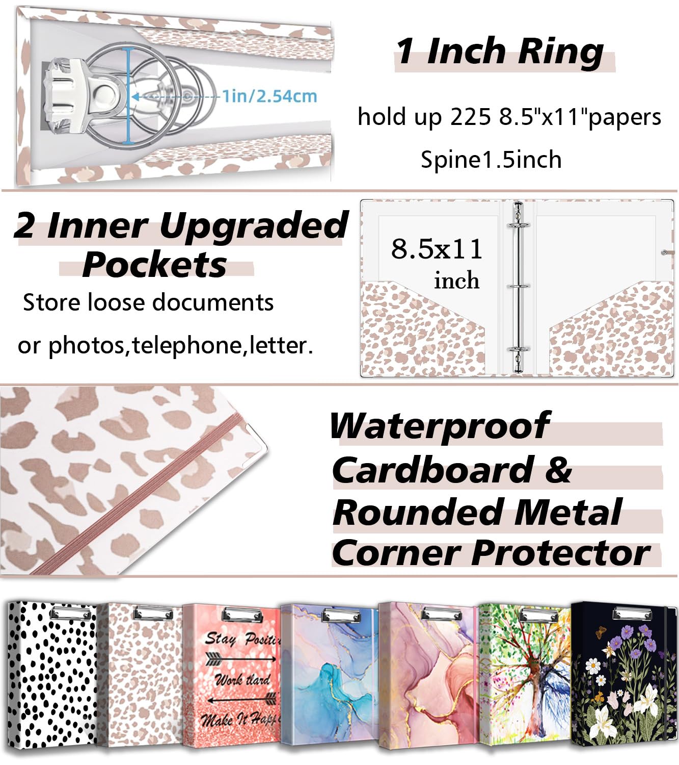 3 Ring Binder 1 Inch for 8.5"x11" Paper, Three Ring Binders with Clipboard, 5 Dividers with Tabs and Pockets, Transparent Folder, 18 Divider Stikers, BVSSX Decorative Binder with Pen Holder,Leopard