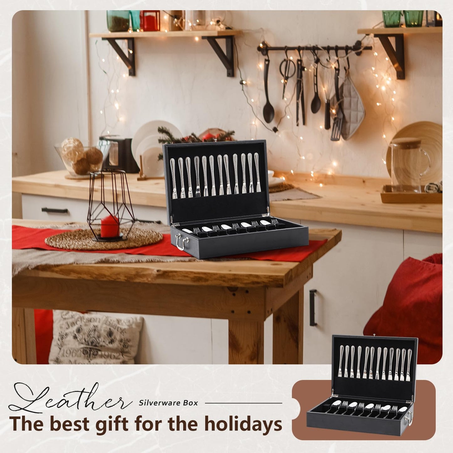 DoubleFill 1 Layer Leather Silverware Storage Box with Lid and Handles, Anti Tarnish Silverware Storage Chest Case with Felt-lined for 12 Sets of Utensils Flatware Gifts, 15.3x11.2x3.6 Inch