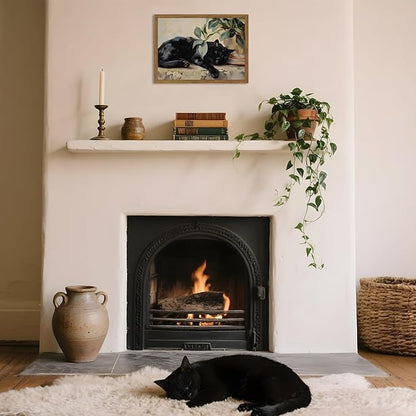 Framed Black Cat Canvas Wall Art, Vintage Sleeping Cat with Plant Picture Wall Decor Paintings, Cute Animal Poster Prints Rustic Aesthetic Home Decor for Living room Bedroom Bathroom 16x24 inch