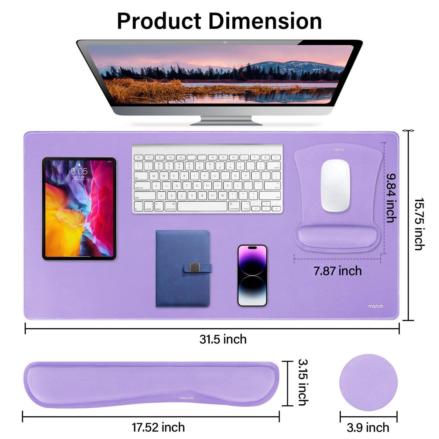 MOSISO Keyboard Mouse Pad Set, Large Gaming Mousepad&Keyboard Wrist Rest&Mouse Wrist Rest&Coaster, Ergonomic Non-Slip Mousepad&Easy Typing Cushion with Memory Foam for Home Office, Purple