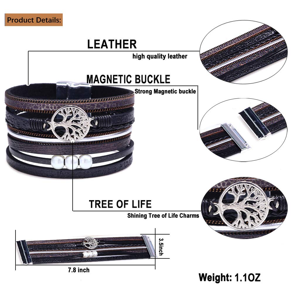 Desimtion Black Wrap Leather Bracelets for Women Boho Layered Stacking Wide Buckle Family Tree of Life Bracelets for Women Mom Teen Girls Grandma