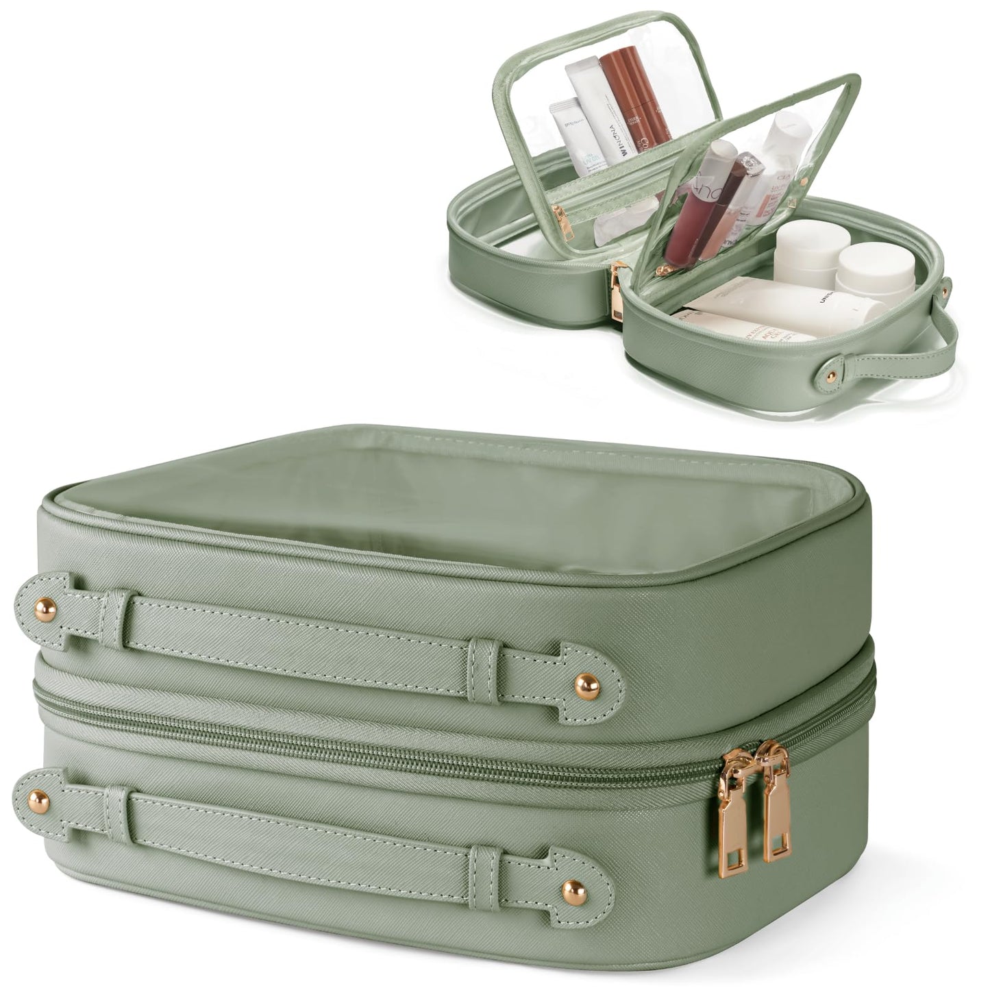 Oaque Clear Cosmetic Bag Double Layer Travel Toiletry Bag White Makeup Bag Case with 4 Compartments, Transparent Travel Bag for Toiletries, Large Toiletry Bag for Women Cosmetic Case (Sage Green)