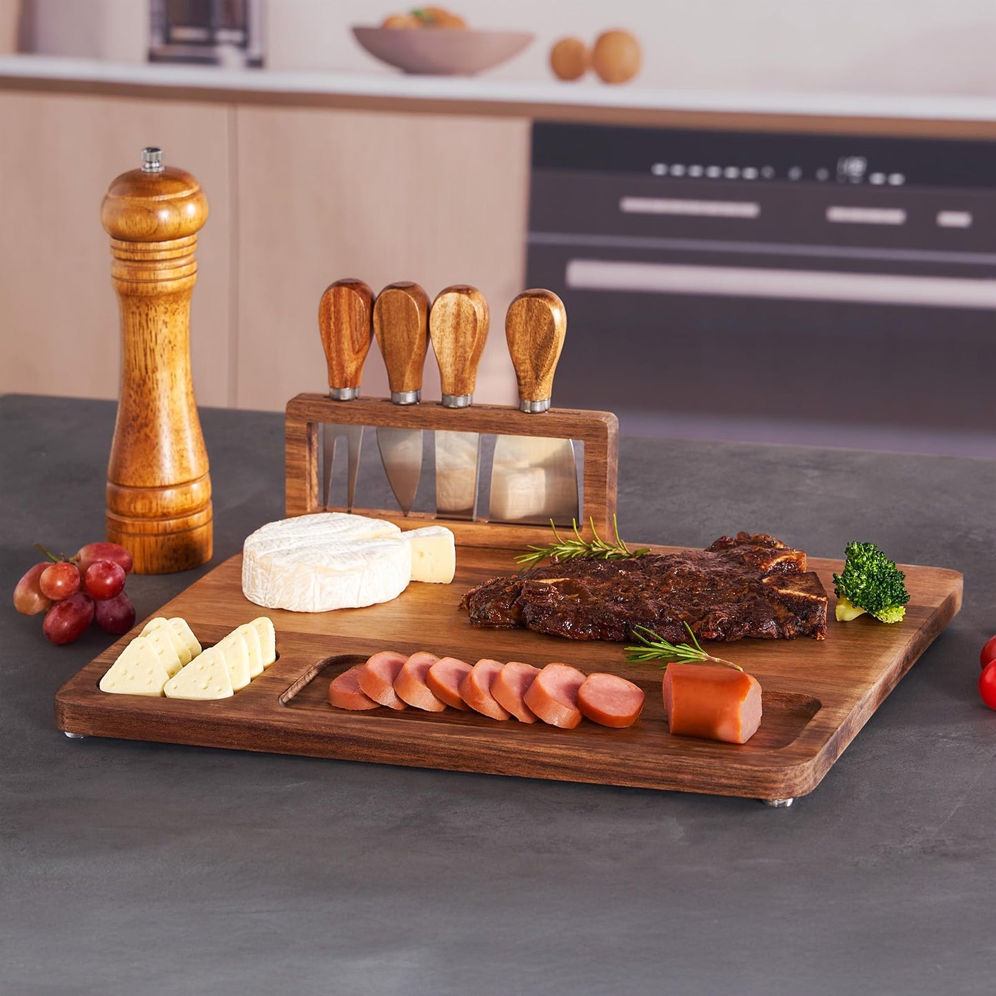 LITY Acacia Wood Charcuterie Board, Cheese Board Set with Magnetic Knife Holder, 14"x 11" Large Serving Tray for Meat, Ideal Gift for Anniversary, Christmas, Thanksgiving, Wedding, Halloween