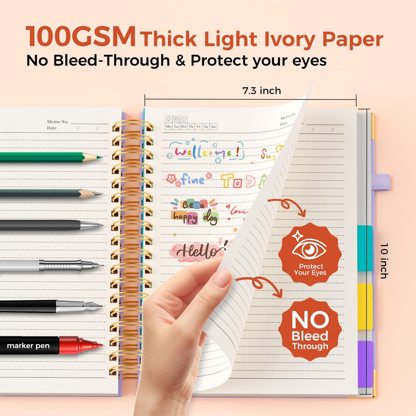 XYark Line Hardcover Spiral Notebook with Removable Dividers Tabs & Ruler, 5 Subject Notebook College Ruled, 300 Page, Large 8"x10" B5 Notebooks for Work School, Lined Journal for Women & Men, Light Purple