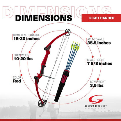 Genesis Original Compound Bow & Arrow Kit- Adjustable Riser, 15"-30" Draw Length, 10-20 lb Draw Weight, All Skill Levels, Draw Hand - Right, Red