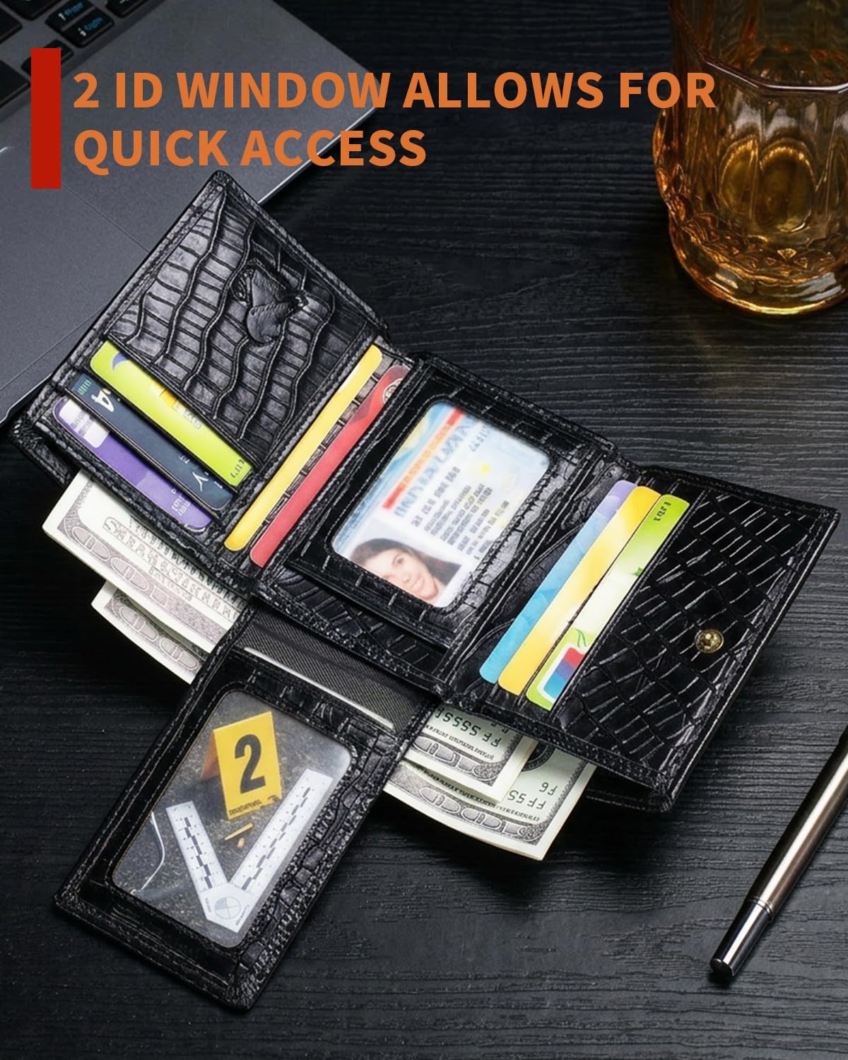 Steel Lion Mens Trifold Wallet Leather RFID Blocking, Crocodile Embossed Slim Wallet with 2 ID Window, 11 Card Slots, Detachable Anti-Theft Chain, Compact Wallet for Business Travel Daily Use (Black)