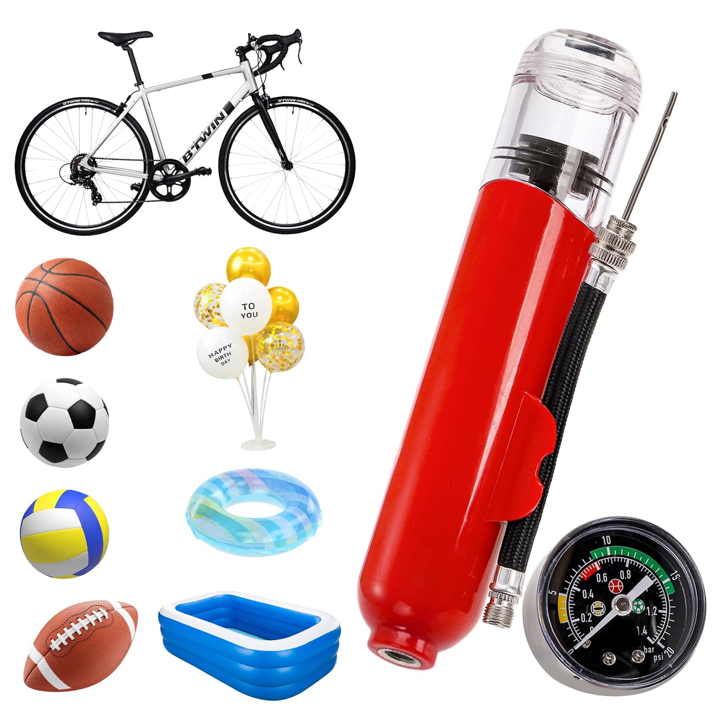 Lawei Ball Pump with Pressure Gauge, Dual Action Sports Ball Compact Pump with Needles and Nozzles, Portable Air Hand Pumps Little Pumps for Basketball, Football, Soccer Ball, Rugby, Volleyball, Red