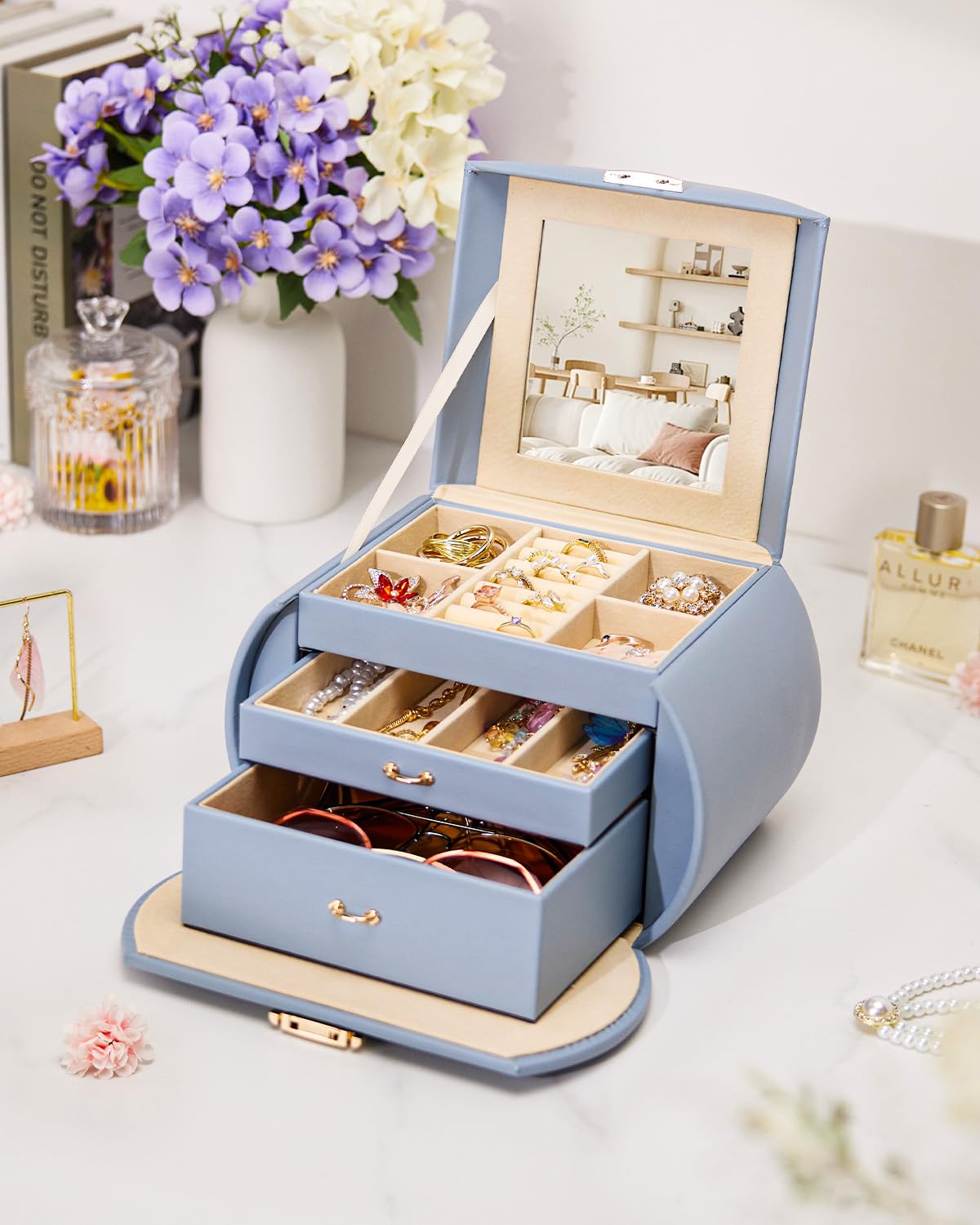 Homde Girls Jewelry Box Jewelry Storage Case Organizer Faux Leather with Mirror for Rings, Earrings, Bracelets, Necklaces (Grey Blue) - Gifts for Mother's Day