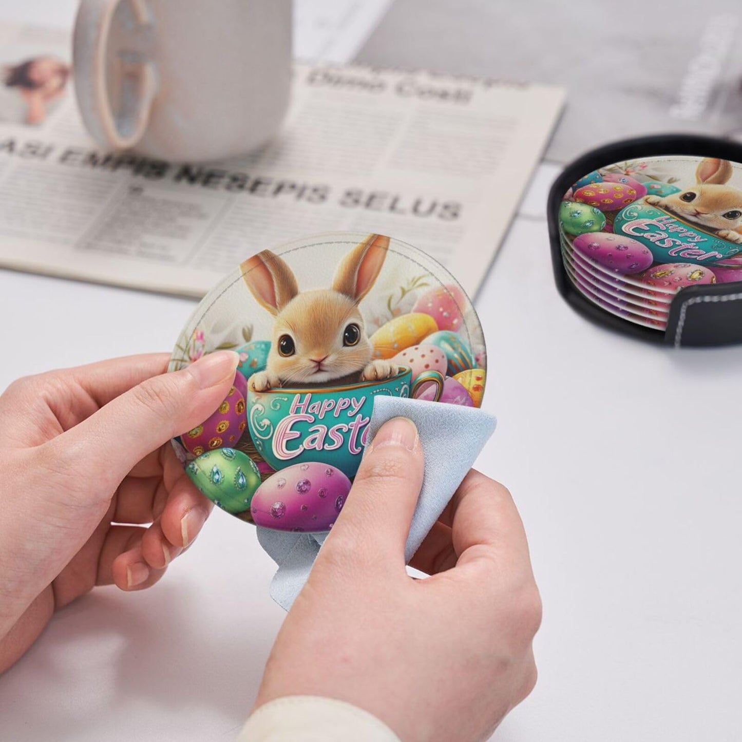 6 Pcs Easter Bunny Coasters for Drinks with Holder Round Leather Coasters Easter Coaster Sets Personalized Drink Coasters Coffee Table Cup Coaster Beer Coasters